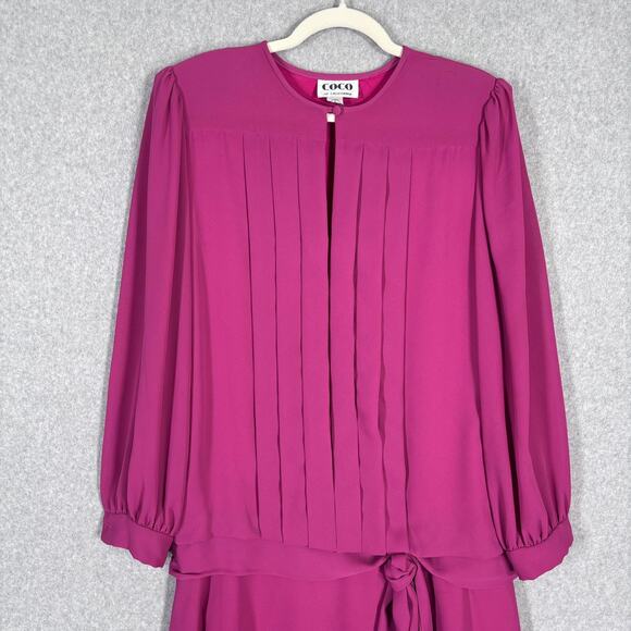Vintage 80s Coco California Dress Medium Midi Pleated Drop Waist Bow Fuchsia USA - Picture 2 of 11